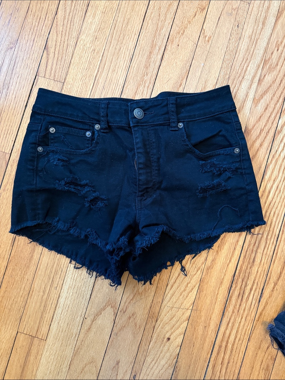 american eagle black mid rise denim shorts, size 8